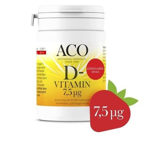 Aco d-vitamin 7,5 ug jordgubbssmak 100 tabletter